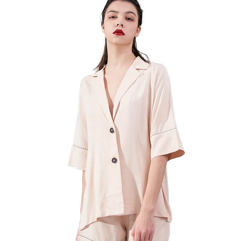 

Summer Sleepwear Women's Cotton Pajama Set Solid Simple Belt Two Piece Set Women Turn Down Collar Short Sleeve Tops+Shorts Y5034