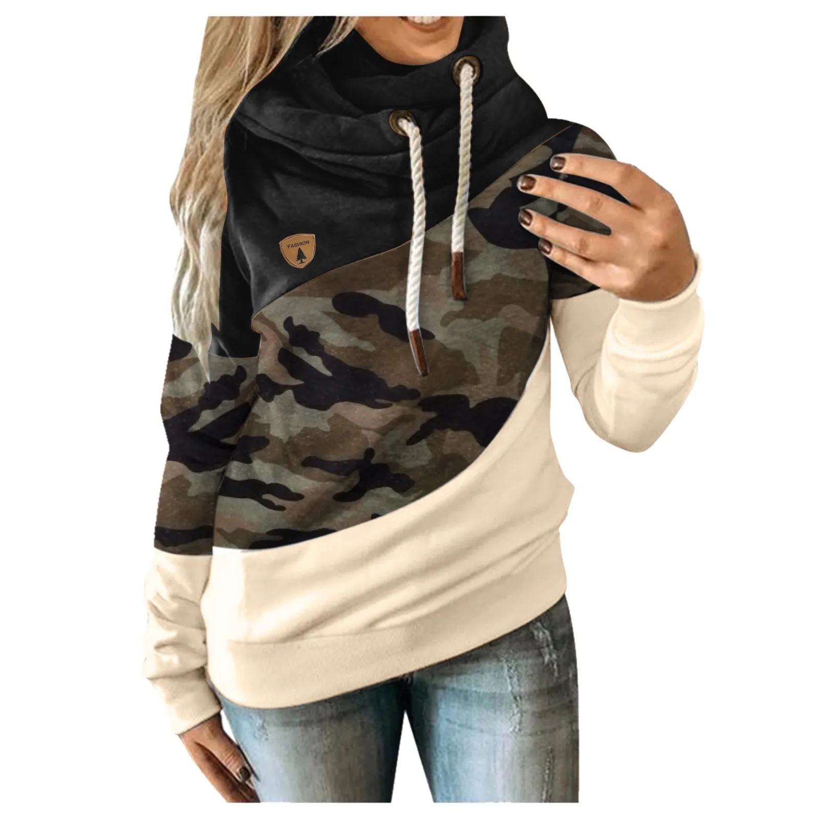 

Women Hoodies Casual Loose Long Sleeve Hooded Top Autumn Vintage Camouflage Patchwork Sweatshirts Female Elegant Pullovers