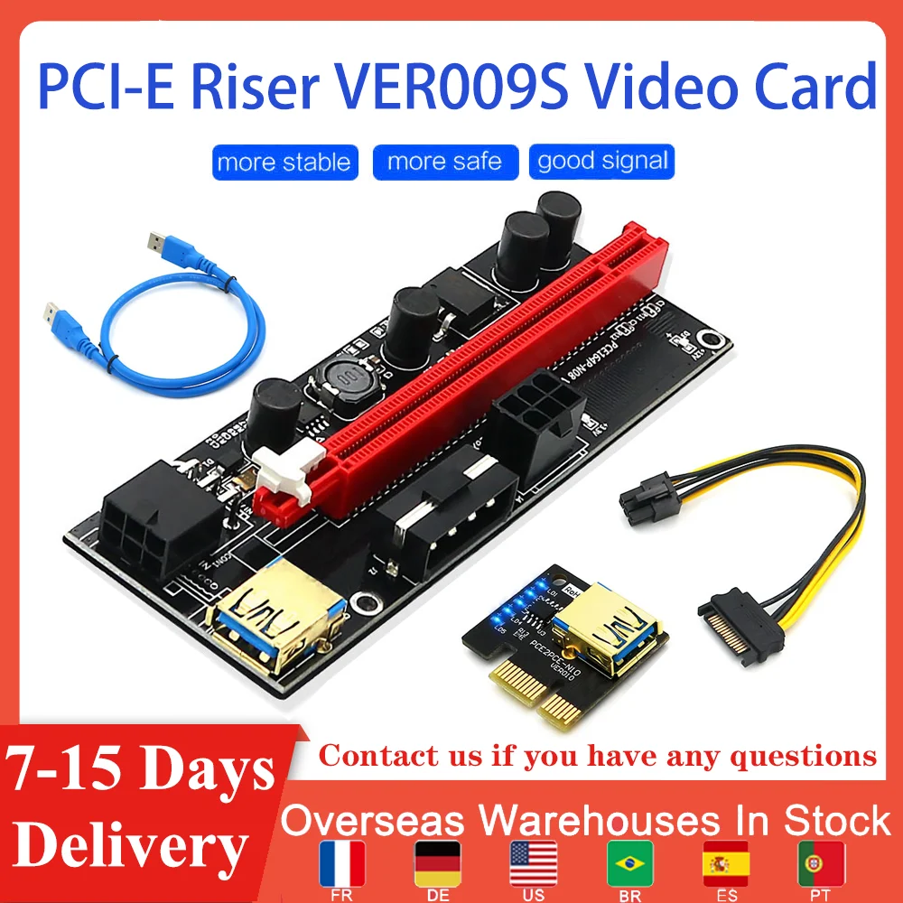 

PCI-E Райзер VER009S, видеокарта, удлинитель, адаптер PCI Express 1X к 16X, удлинитель, двойной 6Pin + 4Pin GPU Райзер для майнинга, красный