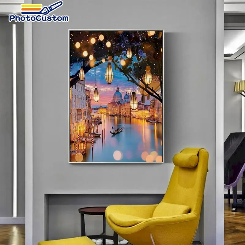 

PhotoCustom Oil Painting By Numbers The night scenery DIY Kits Drawing On Canvas Pictures wall decor Modern Home Decor Gift