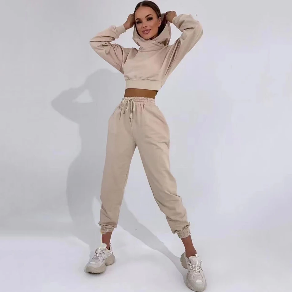 

High-Quality Fashion Women'S Sports 2 Two-Piece Set 2021 Spring Sexy Long-Sleeved Short Sweater + High-Waist Trousers Casual Set