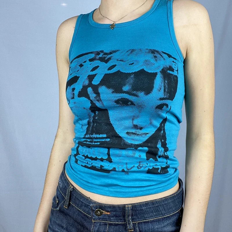 Gothic Emo Vintage Sleeveless Tank Top Face Graphic Printed Sweat Vest Y2K Aesthetic Harajuku Streetwear Women Slim Fit Crop | Женская