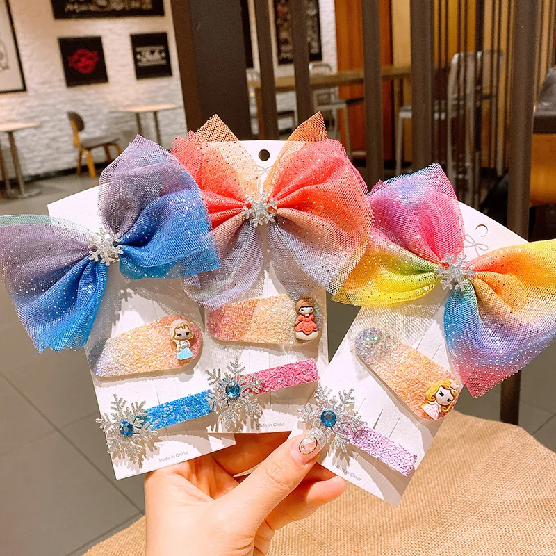 

Glitter Snowflake Hair Clips Rainbow Mesh Bows For Girls Children Diamond Stars Hairpins Princess Headdress Kids Accessories