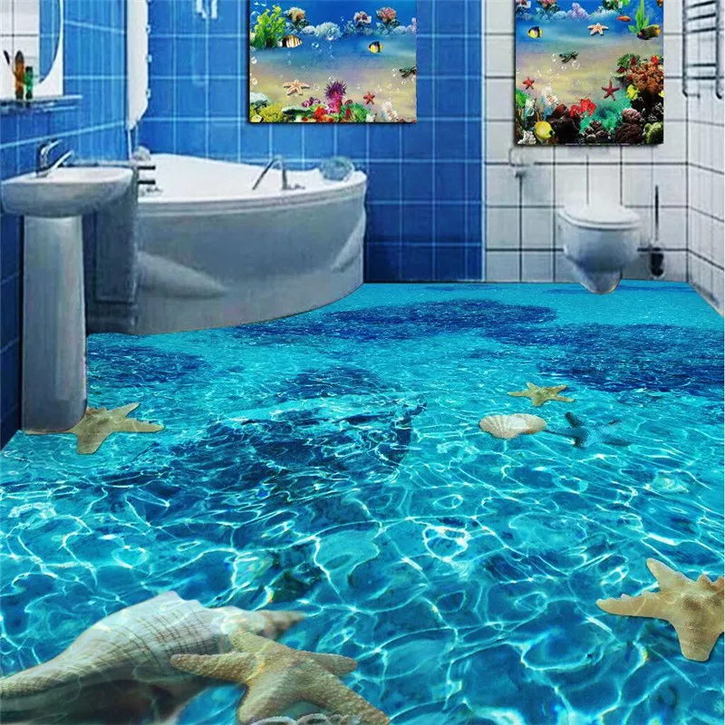 

Custom personalized floor painting 3d sea world ripples biology group waterproof bathroom wearable PVC wallpaper floor painting