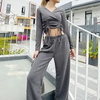 women sexy v neck knitted two piece sets 2022 spring summer ladies long sleeves topslong pants elegant solid color leisure suit