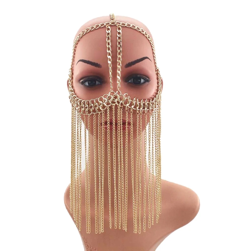 

Fashion Sexy Tassel Head Chain Long Aluminum Face Mask Head Chains Halloween Stage Performance Bar Nightclub Headwear