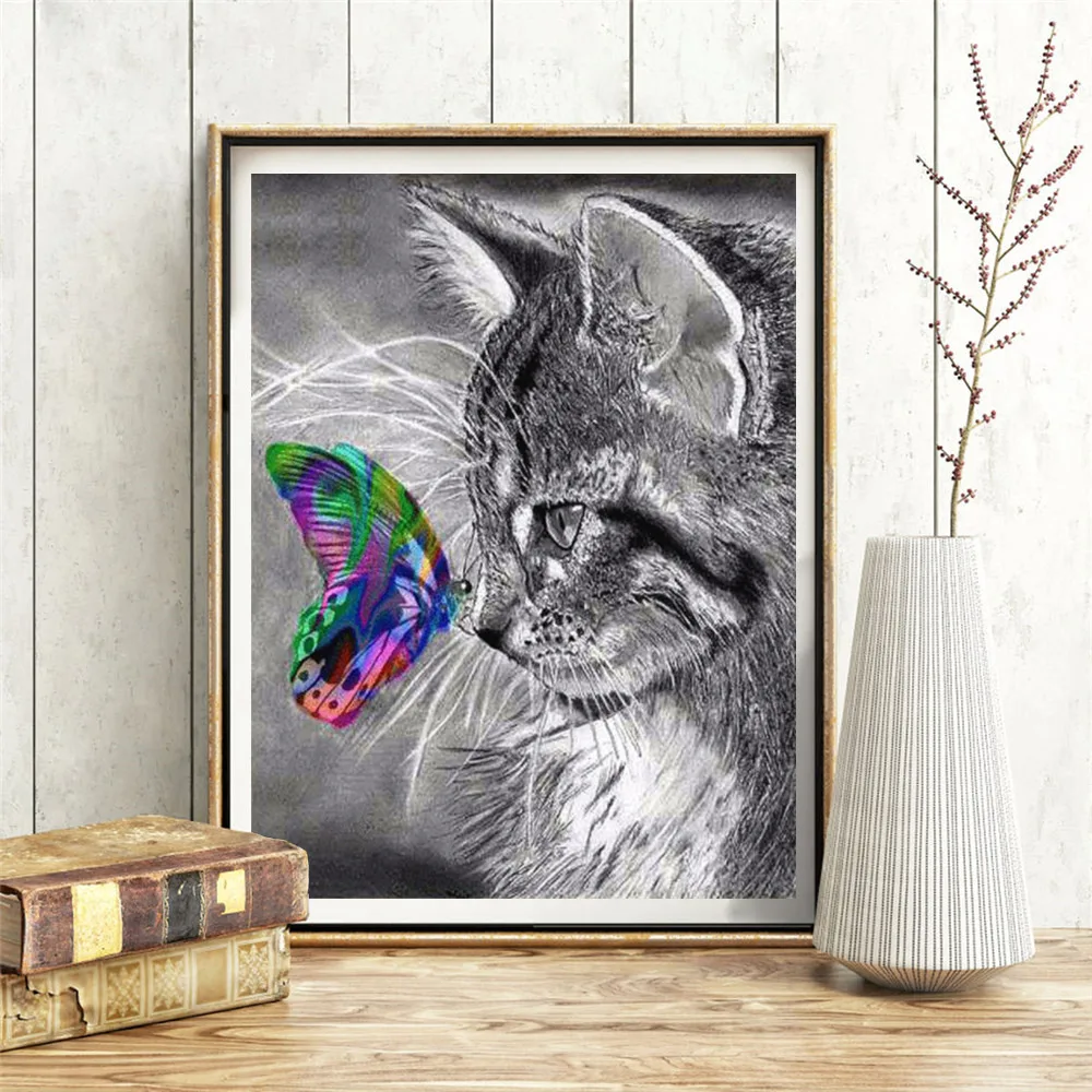 Huacan 5D кошка и Бабочка Алмазная вышивка европейский домашний Декор DIY картина