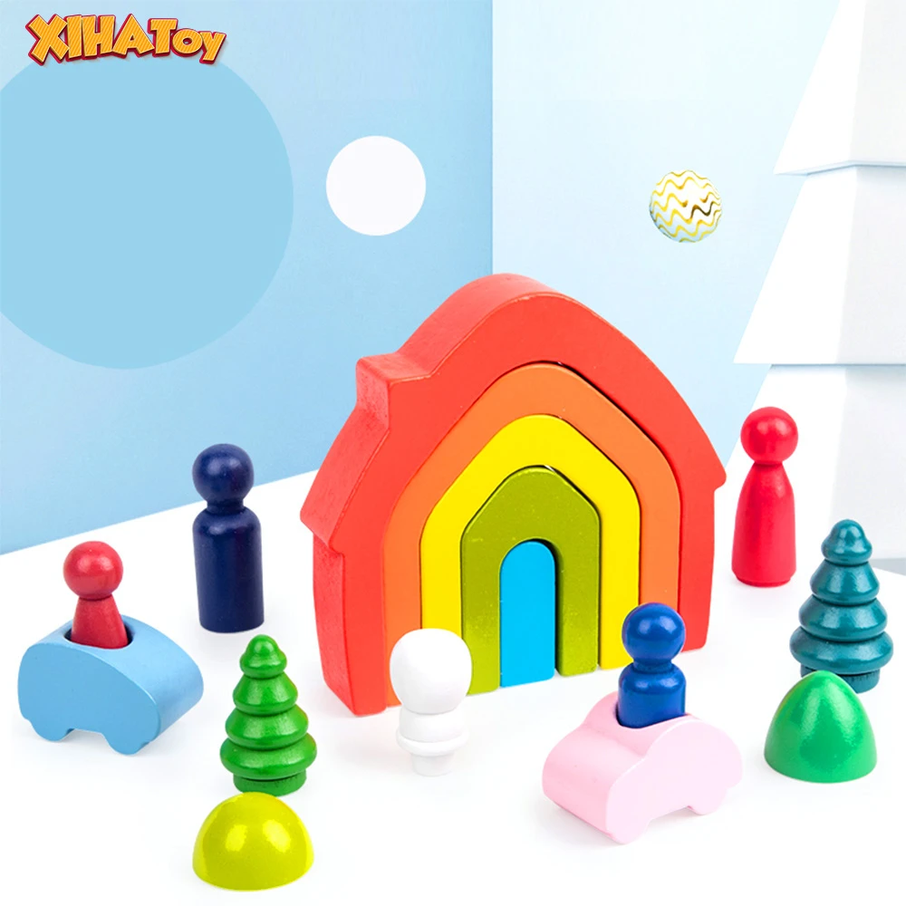 

XIHATOY Rainbow Blocks Wooden Montessori Toy Children House Building Block Educational Kindergarten Supplies Christmas Gift