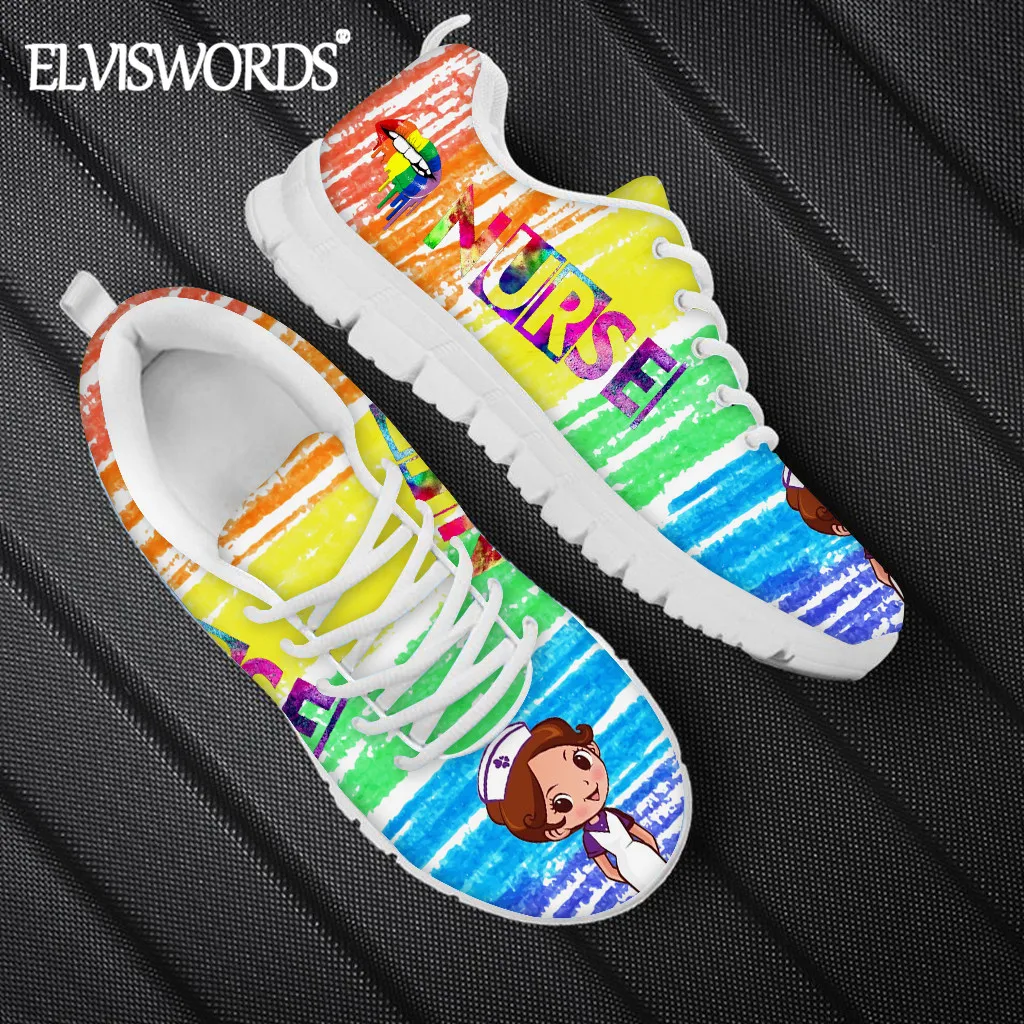 

ELVISWORDS Kawaii Nursing Shoes for Female 2020 New Fashion Healthcarer Footwear Colorful Rainbow Print Women Running Sneaker