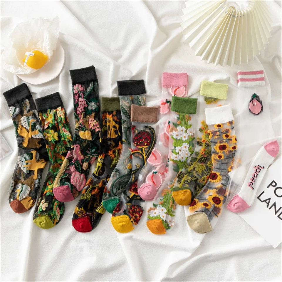

Women Summer Transparent Glass Fiber Silk Socks Elasticity Ankle Net Yarn Thin Girls Fashion Socks With Embroidered Patterns