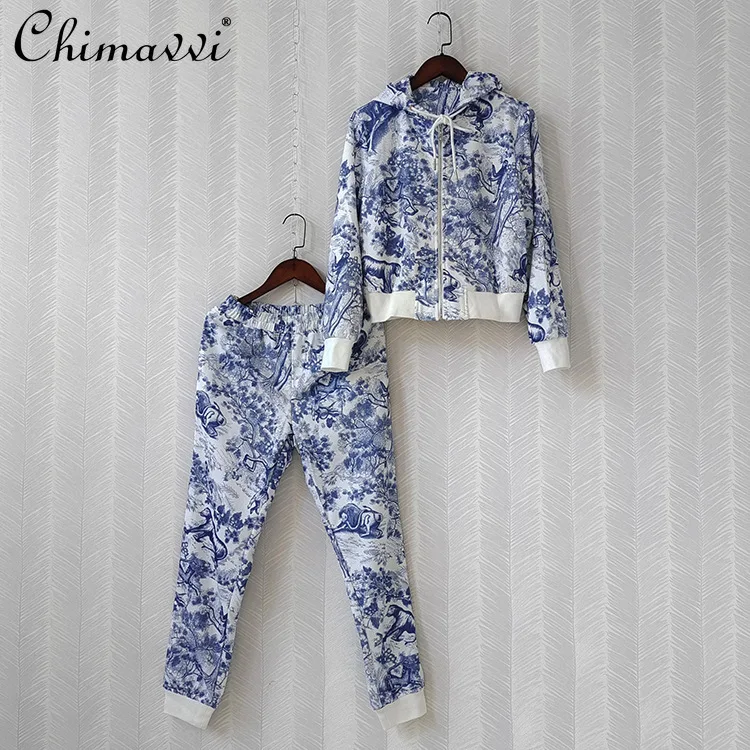 

2021 Autumn Women Clothing 2 Pcs Set Fashion Printed Casual Slimming Long Sleeve Hooded Jacket Elastic Waist Pants Sports Outfit