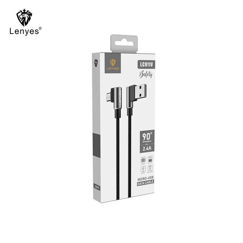 Lenyes l-образный USB кабель 90 градусов Реверсивный 2.4A 3 фута нейлоновый плетеный
