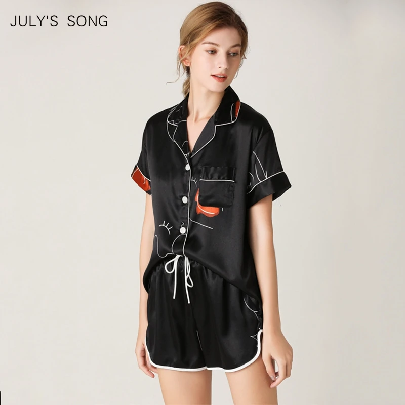

JULY'S SONG 2 PCS Faux Silk Woman Pajamas Comfort Satin Soft Sleepwear Short Top And Shorts Pocket Nightwear Summer Homewear