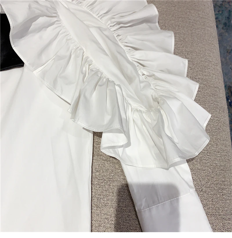 

Retro Turn-down Bow Collar Ruffled Shoulder Hollow Out White Long Sleeve Shirt Top Ladies Elegant Blouses