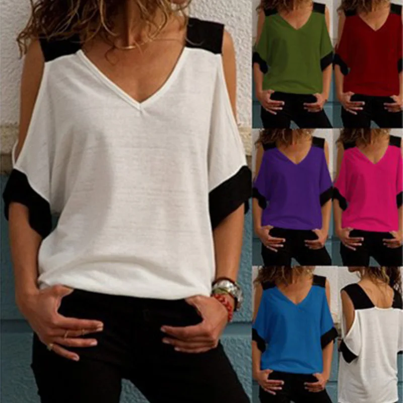 

Women 2021 new off-the-shoulder V-neck short sleeve casual off-the-shoulder loose T-shirt in contrasting colors