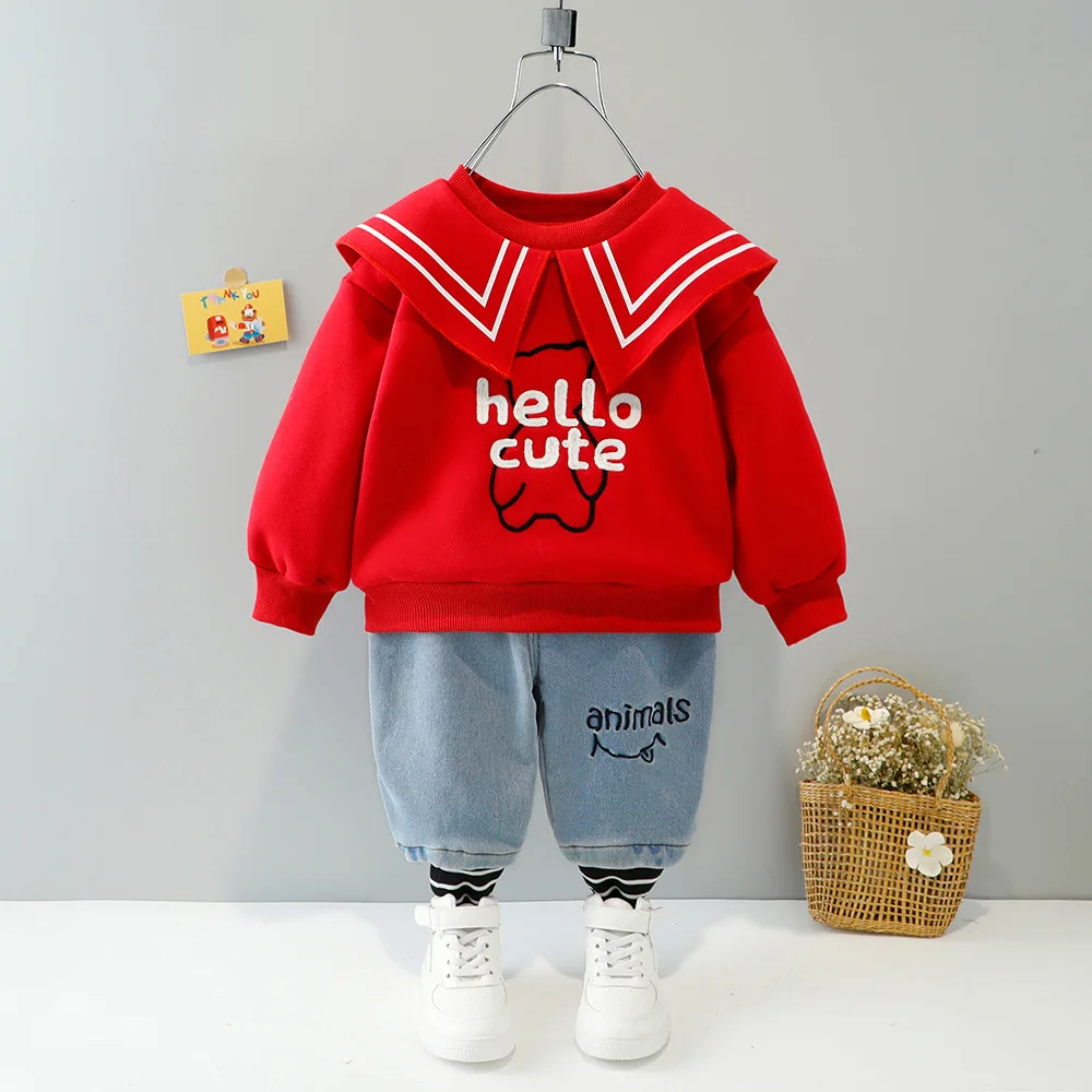 

Winter Baby Clothes Suit Cute Newborn Velvet Sweatshirt+Plush Jeans Two Piece Toddler Girl Outfit Thicken Warm Infant Girl Sets
