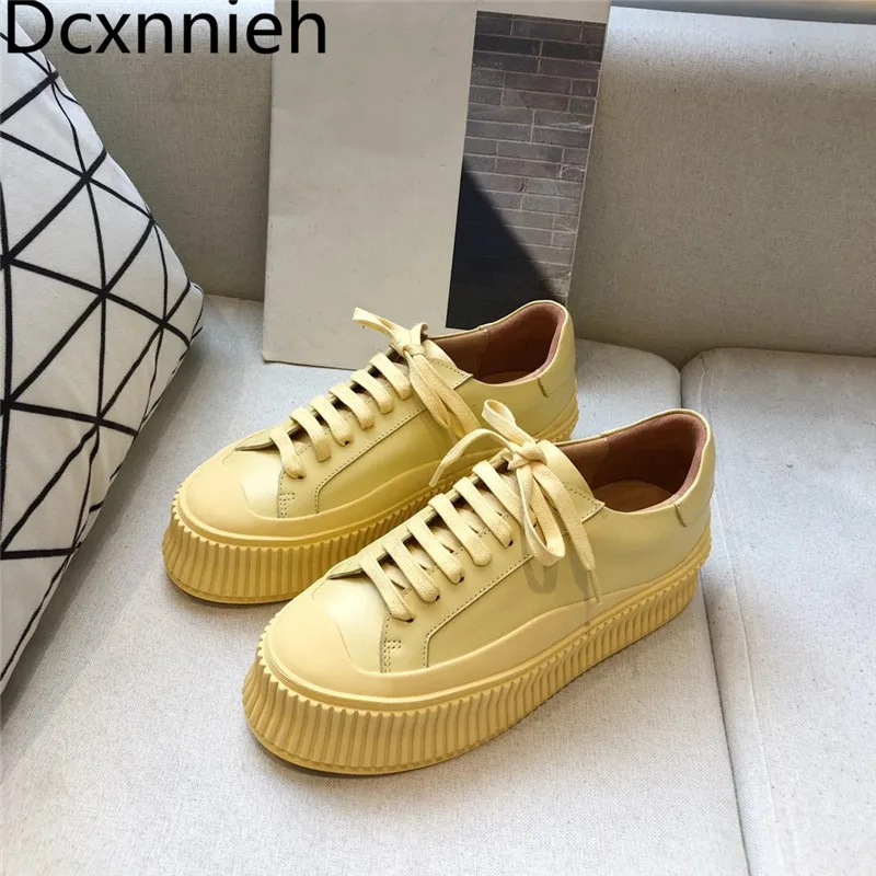 

Genuine Leather Designer Muffin Shoes Woman Spring 2021 Fashion Sneakers ladies Thick Bottom Lace-Up Casual Flat Shoes women
