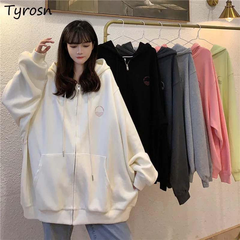 

Basic Jackets Women Sweet Print Zipper Coats Ulzzang Loose Streetwear Harajuku All-match Long Sleeve Hooded Outwear Student Chic