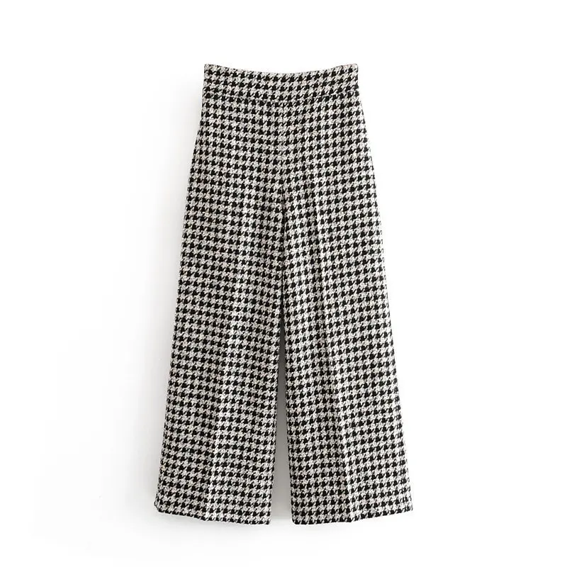 Plaid Printed Tweed Pants Women Loose Wide Leg Trousers Elegant Ladies Houndstooth Office Bottoms Female Pockets Patns | Женская одежда