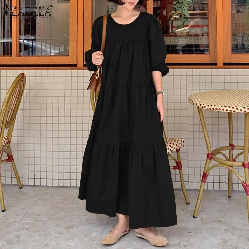 

ZANZEA Fashion Solid A-Line Casual Vestido Femme Long Sleeve O-Neck Chic Sundress Elegant Women Autumn Long Sleeved A-line Dress