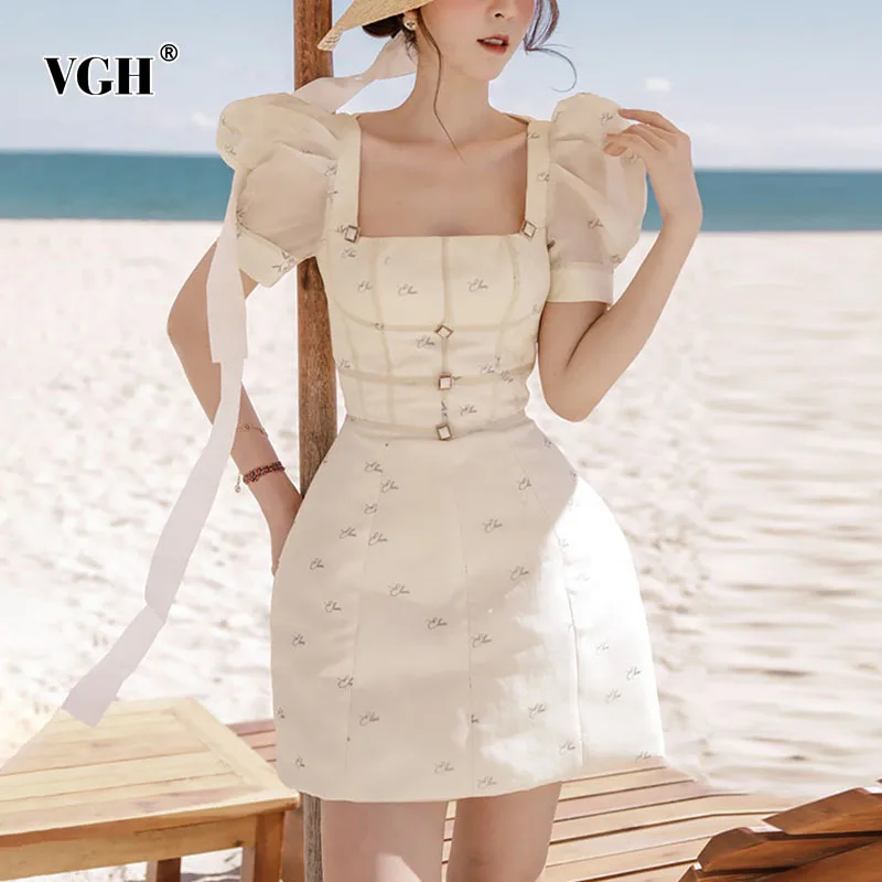 

Женское мини-платье с квадратным вырезом VGH, Элегантная туника с коротким рукавом-фонариком и высокой талией, ТРАПЕЦИЕВИДНОЕ летнее платье ...