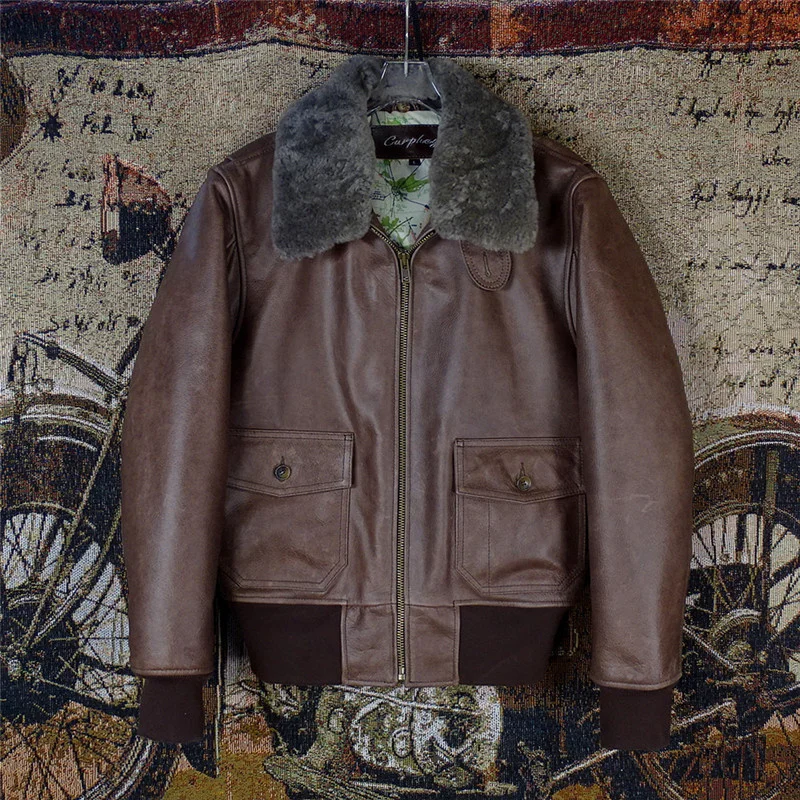 

YR!Free shipping.2021 new arrival.classic G1 winter leather jacket.vintage style wax cowhide coat.slim style brown leather cloth