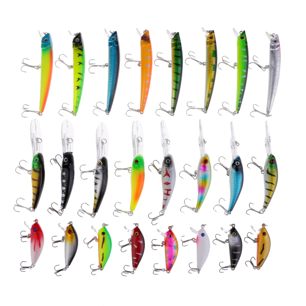 

24pcs Plastic Minnow Fishing Lures Bass Crankbait Saltwater Tackle 3 Style with 2 Treble Hook
