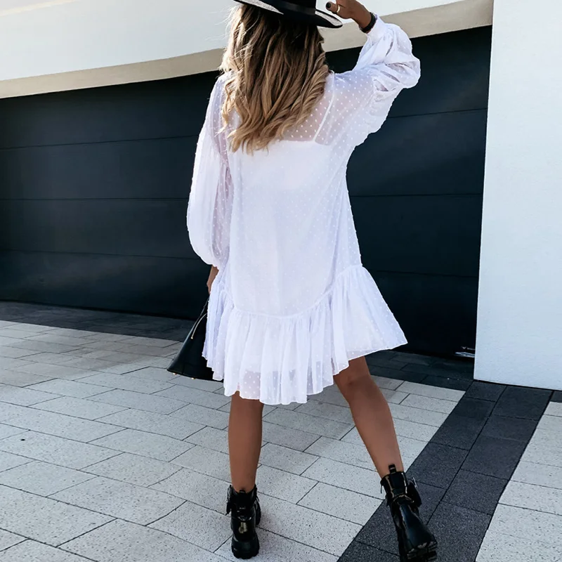 

Fashion Patchwork Mini Dress Women Elegant Sexy Solid Transparent Dot Lantern Long Sleeve 2021 Fall Lady Stand Neck Ruffle Dress