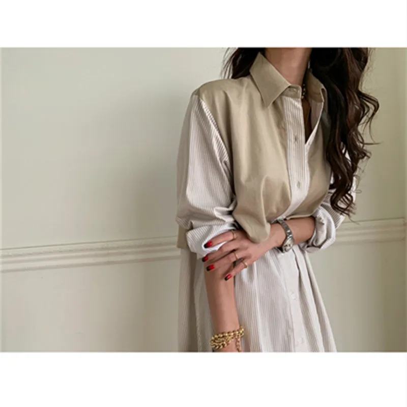 

Casual Striped Fake 2 Pieces Women Dress Turn-down Collar Single-breasted Lace-up Female Loose A-line Dress