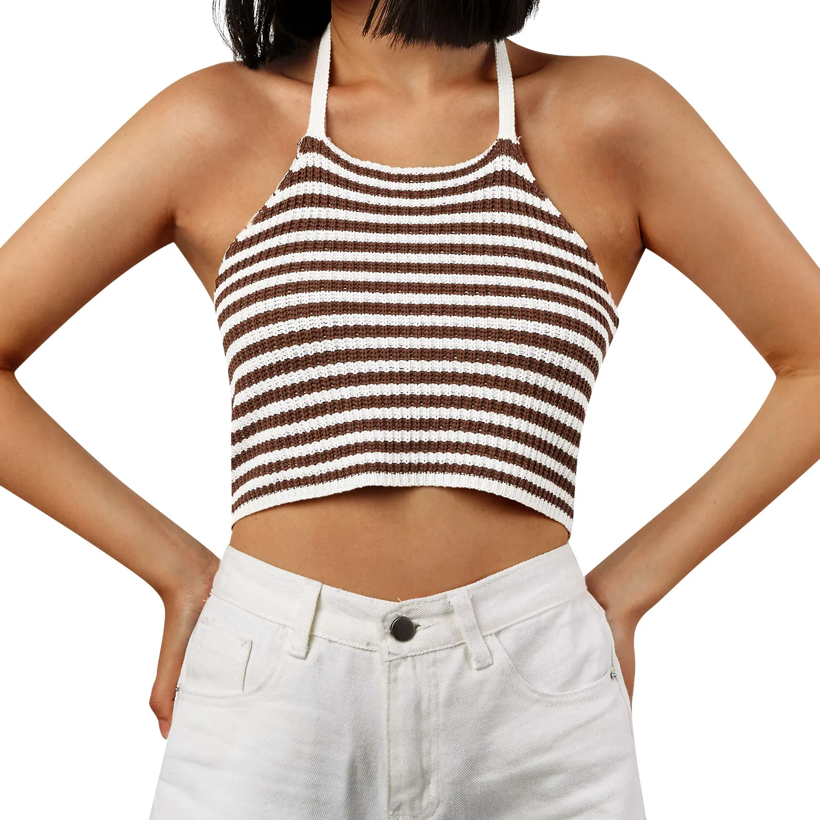 

Women Casual Summer Halter Strap Short Crop Cami Tops Sexy Sleeveless Striped Print Color Block Crochet Camisole