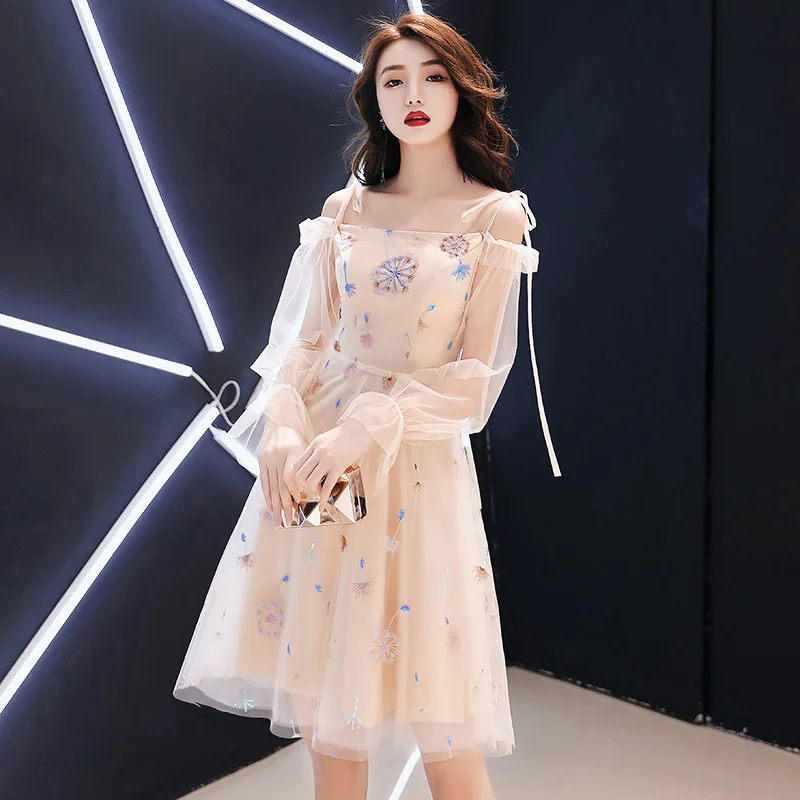 

Off Shoulder Qipao Sequins Dandelion Sexy Formal Party Dress Zipper Gown Fairy Cheongsam Puff Sleeve Champagne Robe De Soiree