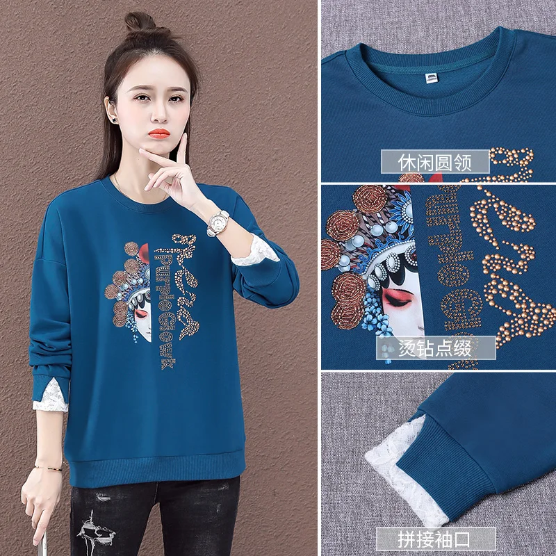 

Retro pattern Chiness Women Basic Sweatshirts Solid Women Classic O Neck Long Sleeve Autumn Sping Casual Loose Pullover Tops