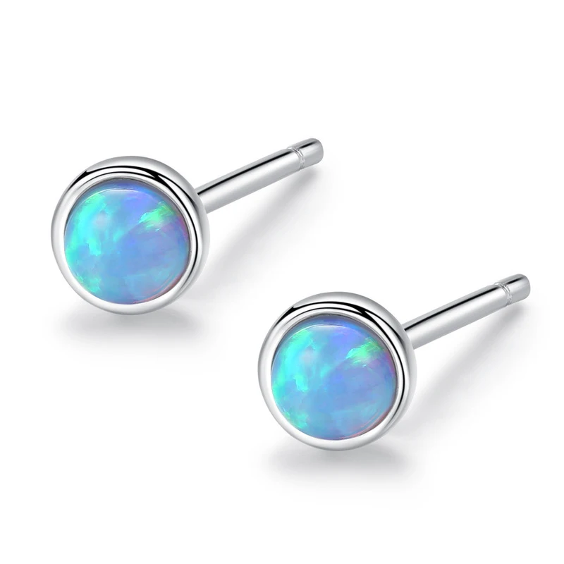 

S925 Sterling Silver Stud Earrings Simple and Fresh Round Opal Women's Earrings