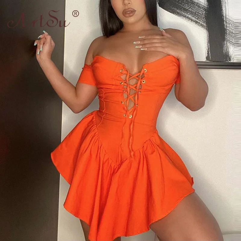 

Женское платье-трапеция с коротким рукавом ArtSu, Летнее белое сексуальное мини-платье с открытыми плечами, облегающие Клубные вечерние плать...