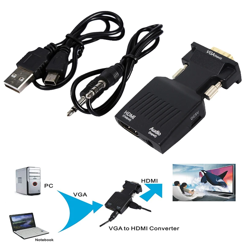 Преобразователь из VGA в HDMI кабель адаптера с USB 1080p Male к Famale VGA2HDMI AV Video для ПК