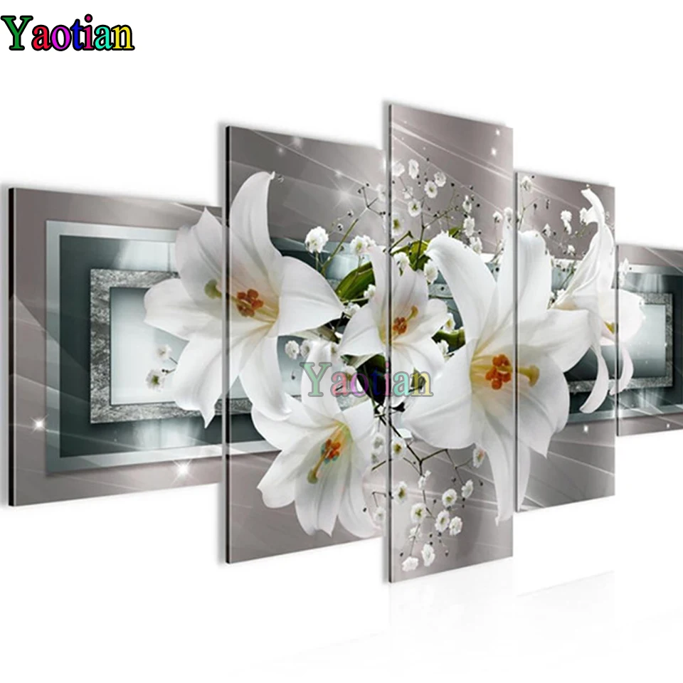

5 Pcs Diamond Painting White lily flower 5D DIY Full Square/round Diamond Embroidery Rhinestone Mosaic Cross Stitch Needlework