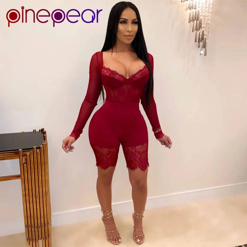 Черный кружевной сетчатый прозрачный Облегающий комбинезон PinePear женская одежда