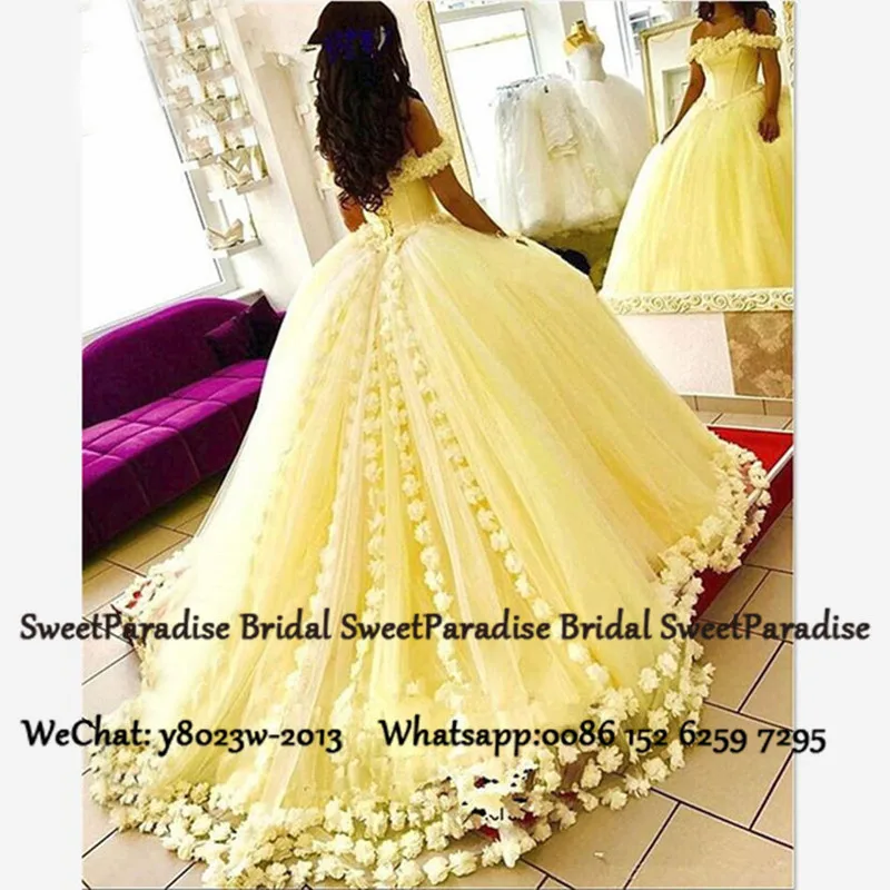 Luxury Hand Made Flowers Yellow Quinceanera Dresses Puffy Ball Gown Off Shoulder Long Chapel Train Prom Dress For Girls
