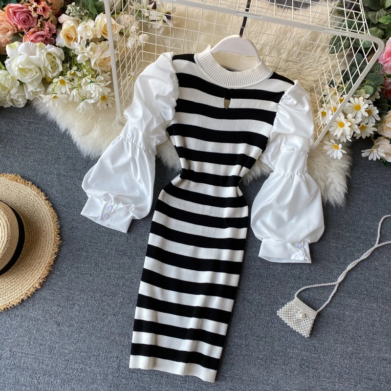 OCEANLOVE 2020 Striped Bodycon Party Dress Korean Sexy Knitted Patchwork Vestidos Spring Autumn Puff Sleeve Dresses Slim 13679 | Женская