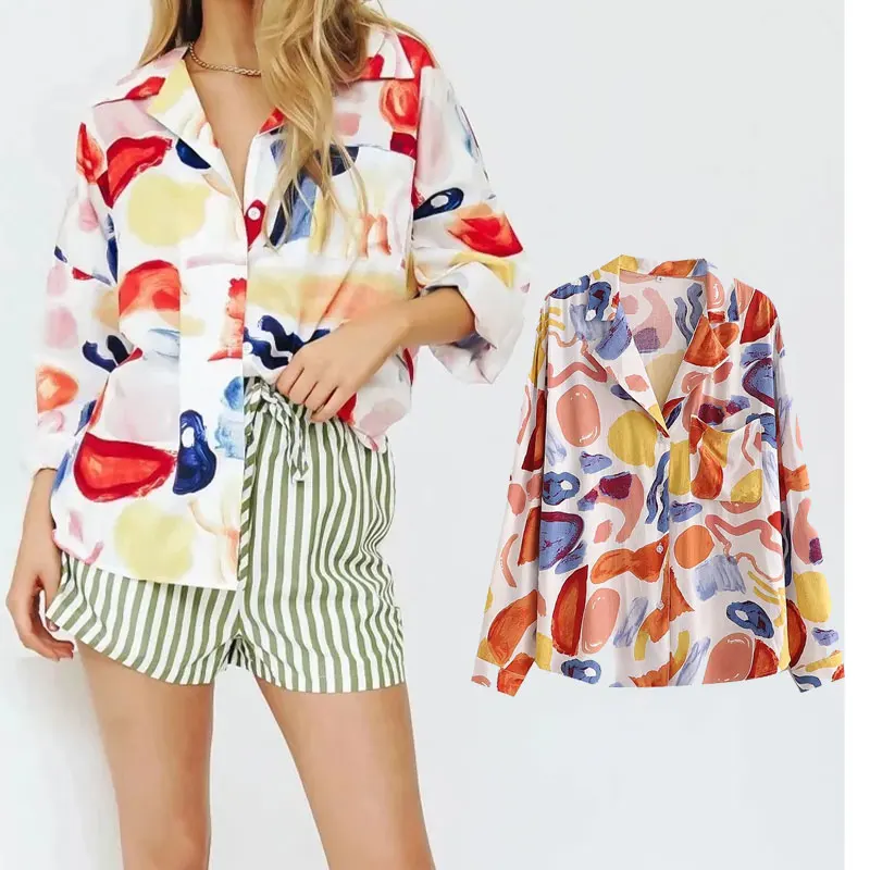 

Женская блузка на пуговицах Za, повседневная винтажная блузка с длинным рукавом и принтом, 2021