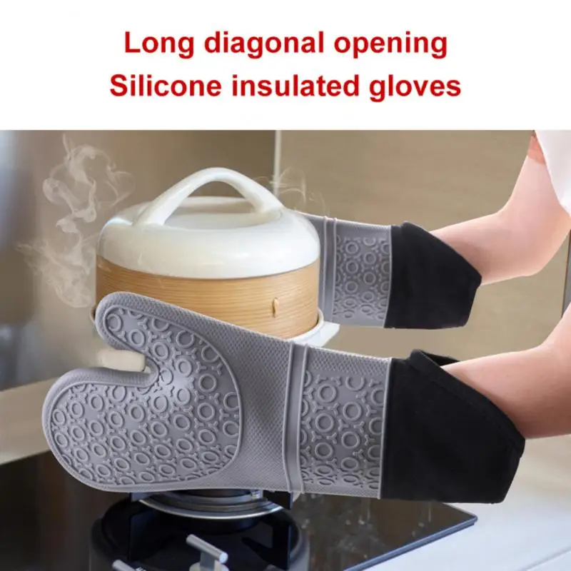 

New Non-Slip Silicone Oven Mitt Waterproof Heat Resistant Kitchen Gloves Long Cotton Bbq Oven Gloves For Barbecue Cooking Baking