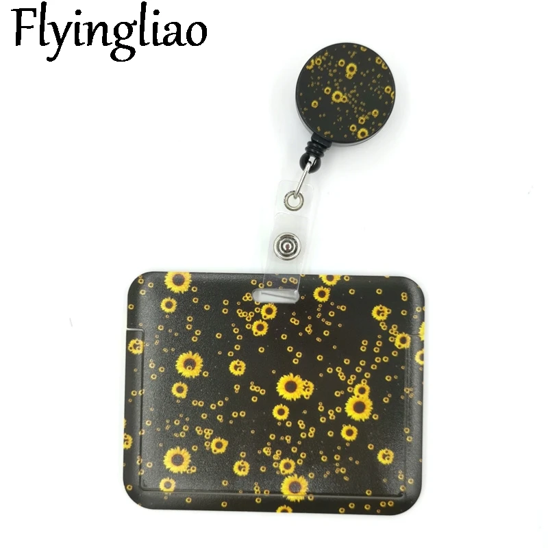 

Sunflowers Flowers Black Cute Credit Card Cover Lanyard Bags Retractable Badge Reel Student Nurse Exhibition Enfermera