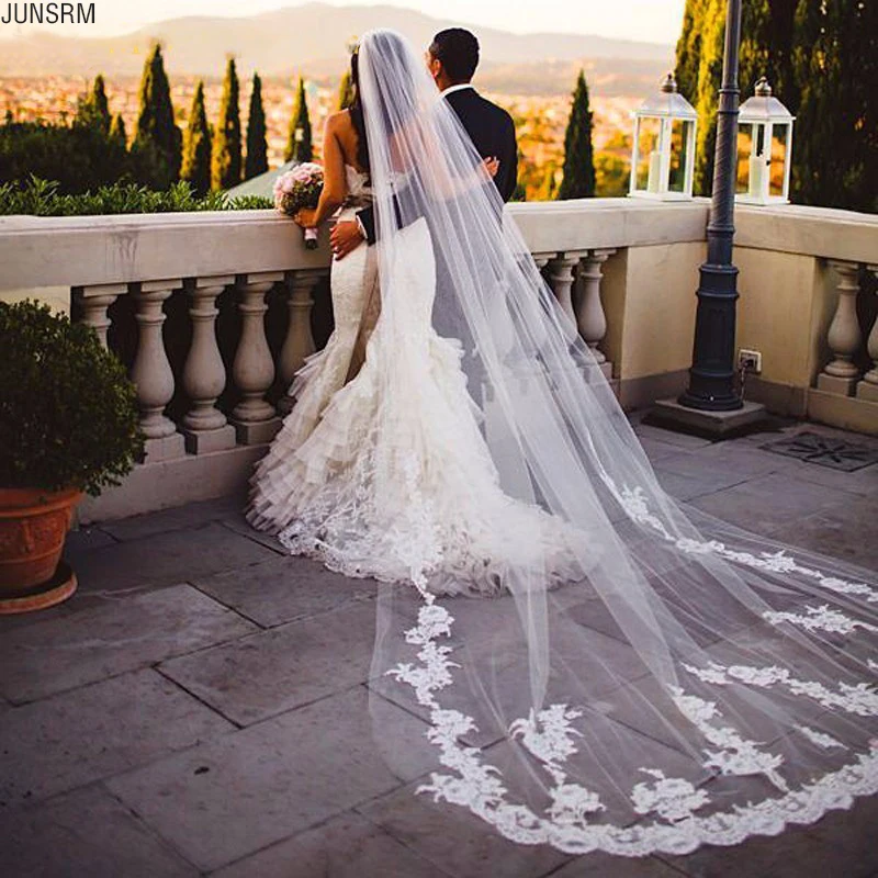 

3M Long Veil Lace Appliqued Cathedral Length Appliqued White Ivory Wedding Veil Bride Veils Bridal Hair With Free Comb