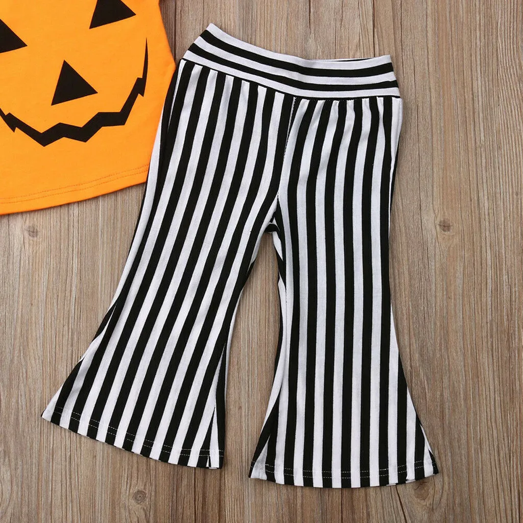 Детская футболка с тыквой на Хэллоуин для маленьких девочек + штаны в полоску