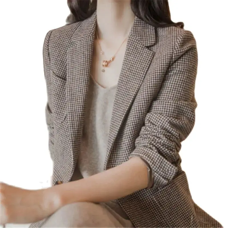 

Women Casual Loose Korean Woolen Small Suit Jacket 2022 Female Autumn Winter Slim Thin British Style One-button Plaid Suit A848