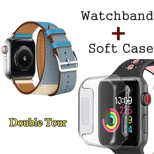 Herm логотип на застежке Свифт кожаный двойной один тур часы ремешок для Apple Watch серии 5 4 3 44 мм 40 мм браслет для iWatch - Цвет ремешка: Bleu Lin Craie