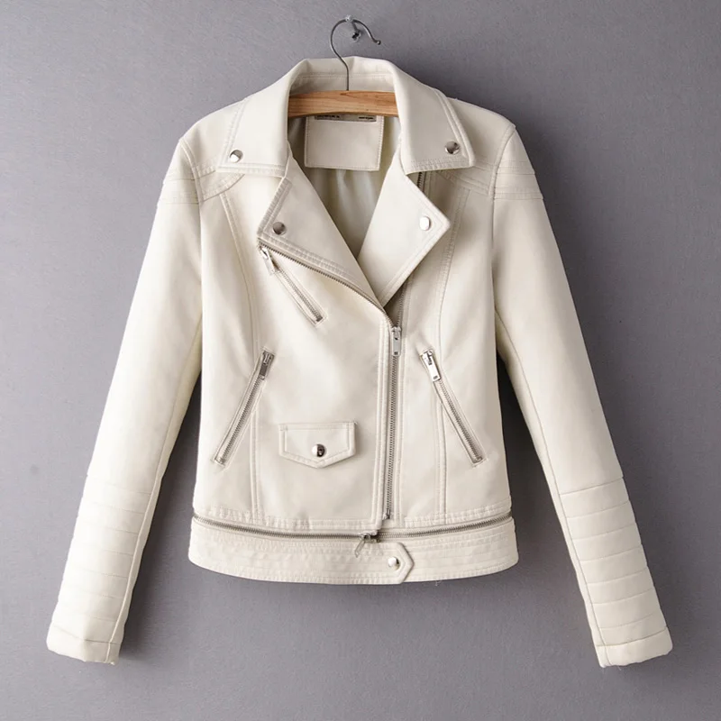

Soft Faux Leather Jacket Autumn Women's Coats Rivet Zipper Black Red Punk Basic Jackets Detachable Hem Faux Pu Outwear
