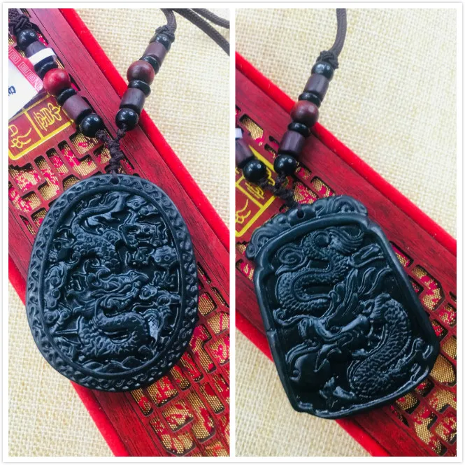 

Цепочка с подвеской из натурального черного нефрита, С Вырезанным вручную большим летающим драконом, для мужчин и женщин