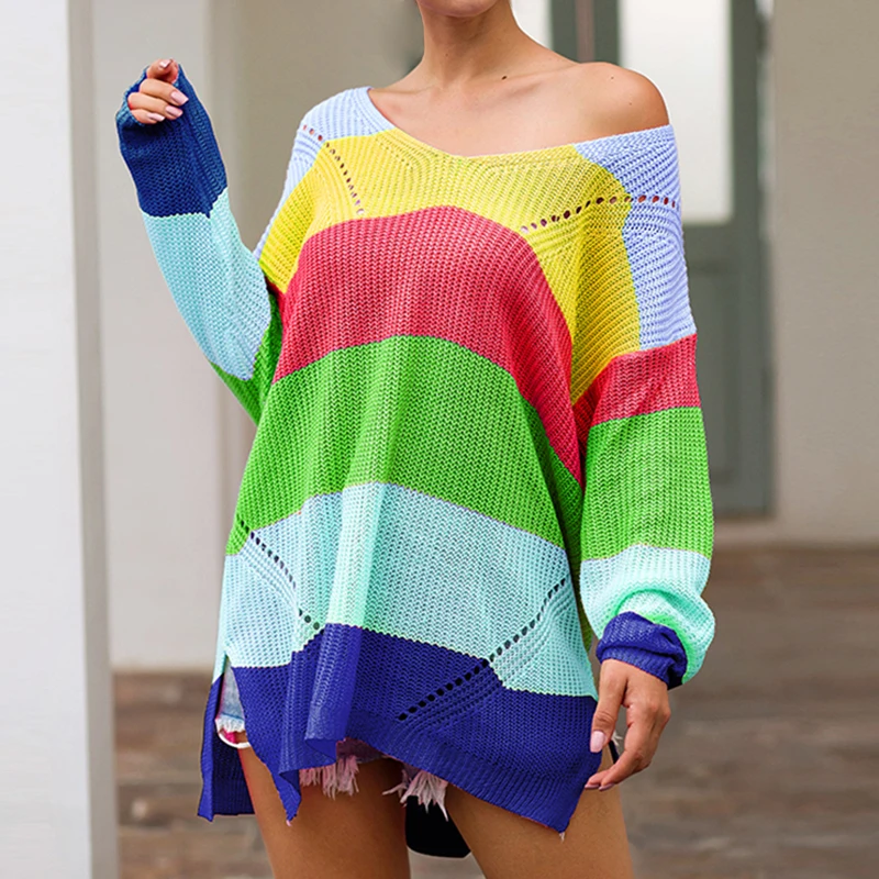 Женские радужные свитера больших размеров зима 2019 Разноцветные полосатые