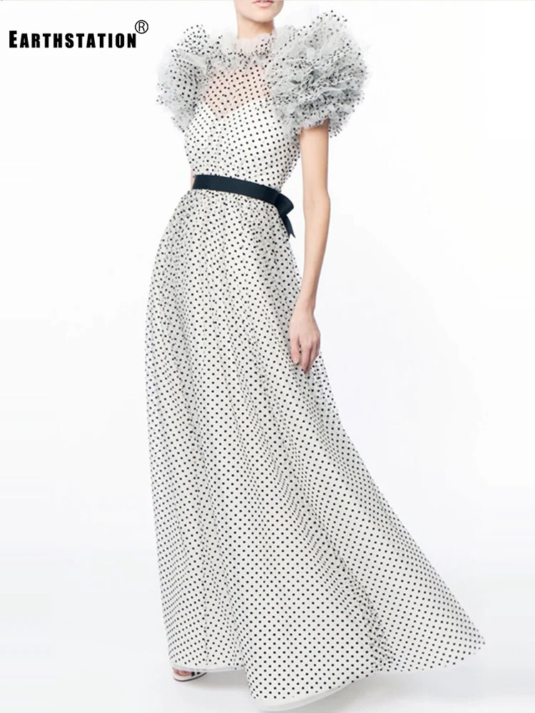 

Catwalk style frill round neck tie waist waist retro polka dot net gauze dress ladies summer new style loose big hem Puff skirt